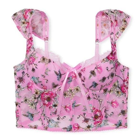 Victoria's Secret Pink Floral Embroidered Cap Sleeve Corset Top Women’s Medium - Picture 6 of 15